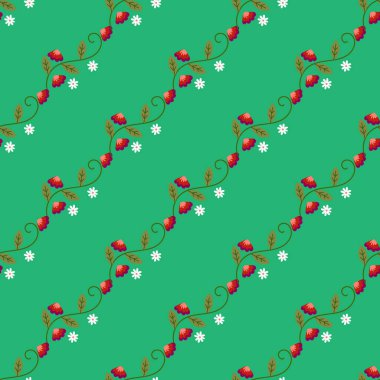 Dekoratif, pürüzsüz, tekrarlayan desen, stilize kırmızı çiçekler ve yeşil yapraklı beyaz papatyalar gösteriyor..