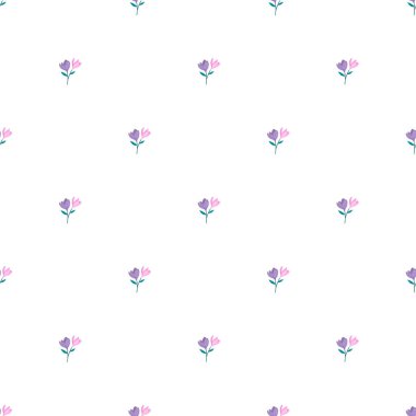 Zarif, pürüzsüz bir çiçek deseni. Beyaz arka planda narin mor ve pembe çiçekler var. Tekstil tasarımları, duvar kağıtları veya dijital sanat eserleri için mükemmel.