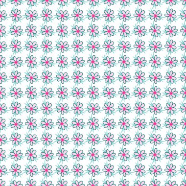 Temiz beyaz bir arkaplanda pembe ve deniz mavisi çiçek motifleriyle tekrarlanan bir çiçek deseni. Tekstil ürünleri, duvar kağıtları, hediye paketleri ve yeni ve canlı bir görünüş için yaratıcı tasarımlar için mükemmel..