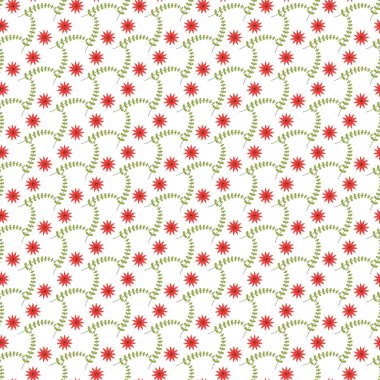 Kırmızı çiçek elementleri ve yeşil yaprakların birbirine bağlı olduğu dekoratif, pürüzsüz bir desen. Tekstil tasarımı, ambalaj kağıdı ve el işi projeleri için ideal. Çeşitli dekoratif amaçlar için canlı ve simetrik tasarım.