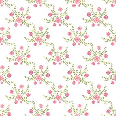 Zarif, pürüzsüz çiçek desenleri. Güzel pembe çiçekler ve beyaz arka planda zarif bir şekilde sıralanmış yemyeşil yapraklar. Dekoratif tasarımlar, tekstil ve zarif yaratıcı projeler için mükemmel..