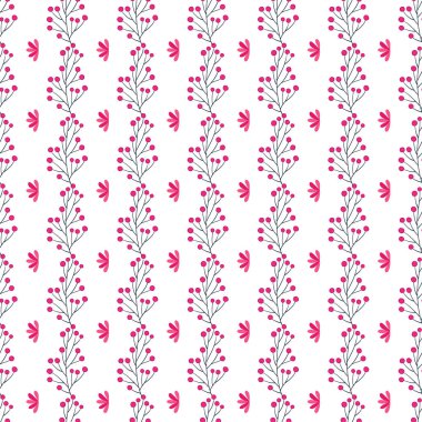 Zarif filizler, pembe böğürtlenler ve çiçek benzeri tasarımlar içeren parlak, pürüzsüz botanik desenler. Dekoratif bir arkaplan olarak ya da canlı, doğadan esinlenilmiş bir tema gerektiren yaratıcı tasarımlar için mükemmel..