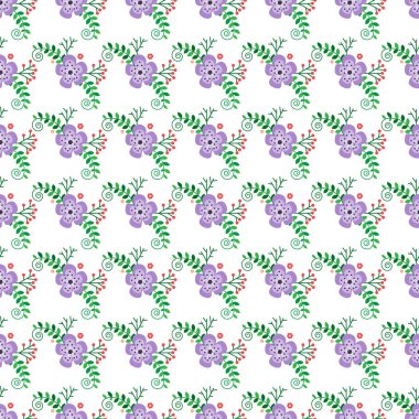 Renksiz desenli, canlı mor çiçekler, dekoratif yeşil yapraklı girdaplar, yaratıcı ve sanatsal uygulamalar için beyaz bir zemin üzerinde sunuluyor..