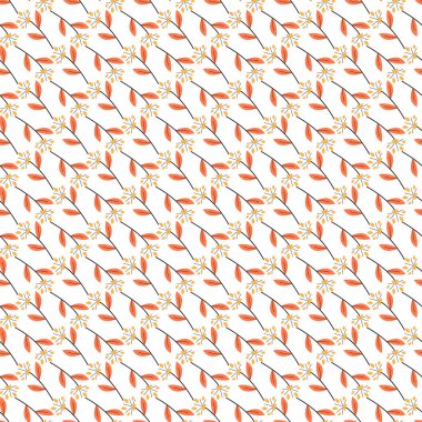 Turuncu yapraklar ve beyaz bir yüzey üzerinde narin çiçek unsurları bulunan zarif, pürüzsüz desenler, tekstil, duvar kağıtları ve sanatsal projeler için uygundur..