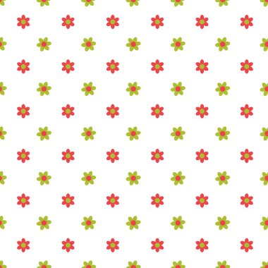 Parlak beyaz arka planda canlı kırmızı ve yeşil çiçekler içeren kusursuz bir çiçek tasarımı. Bahar temaları, dekoratif baskılar veya kumaş desenleri için mükemmel..