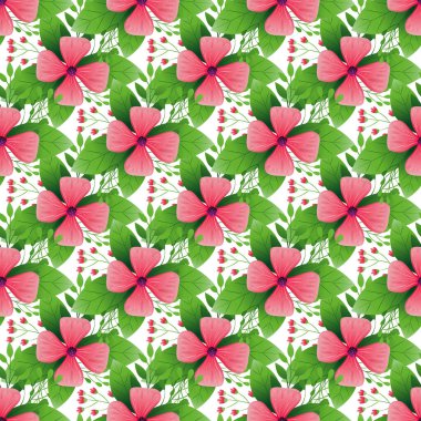 Canlı, pürüzsüz desenli pembe çiçekler, yemyeşil yapraklarla karışmış dekoratif tasarımlar, duvar kağıtları ve sanatsal arka planlar için mükemmel..