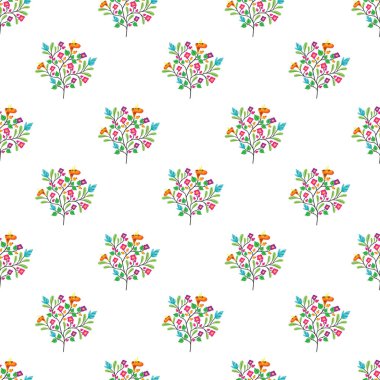 Renkli çiçeklerle süslenmiş kaprisli dekoratif ağaçlar içeren hareketli ve pürüzsüz desenli desenler, tekstil, duvar kağıtları veya güzelliği ve neşeyi vurgulayan iç dekorasyon için ideal bir tasarım yaratıyor..