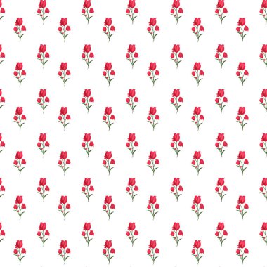 Çiçeksiz desenli, canlı kırmızı güller beyaz arka planda, tasarım projeleri, tekstil veya zarif ve zamansız estetik bir hediye paketi için mükemmel bir şekilde düzenlenmiş..