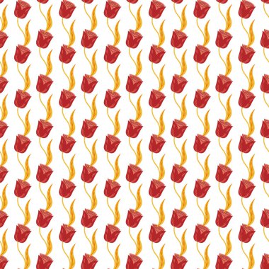 Tekstil, duvar kâğıdı veya dijital uygulamalar, zarafet ve ilkbahar çiçekleri için ideal temiz ve sanatsal bir tasarıma sahip, sarı yapraklı stilize kırmızı lale çiçekleri, pürüzsüz tekrarlayan desenler halinde düzenlenmiştir..