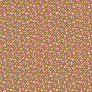 Küçük pembe ve sarı çiçeklerden oluşan tekrarlayan bir çiçek tasarımı. Kaliteli kumaş, duvar kağıtları ya da arka planlar için ideal, narin ve büyüleyici bir estetik yaratıyor..