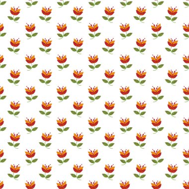 Beyaz arka planda yeşil yapraklı, kusursuz, sanatsal kırmızı çiçek deseni. Tekstil, arka plan, dekor ve daha fazlası için ideal, doğadan esinlenilmiş estetik.