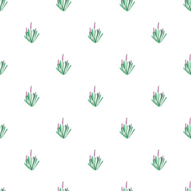 Yeşil saplı ve mor çiçekli sanatsal lavanta çalıları içeren zarif, pürüzsüz desenli, temiz beyaz bir arka planda şekillendirilmiş. Tekstil tasarımları, duvar kağıtları ya da dijital yaratıcı projeler için mükemmel..