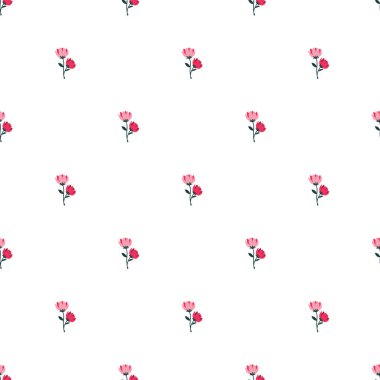 Yeşil saplı narin pembe çiçeklerin tekrar eden deseni temiz beyaz arka planda düzenlenmiş. Yumuşak ve zarif bir çiçek teması gerektiren duvar kağıtları, tekstil ve grafik tasarım projeleri için uygundur