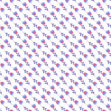 Beyaz arka planda mavi ve pembenin tonlarında dekoratif çiçek motifleri içeren tekrar eden kusursuz bir desen. Tekstil tasarımı, duvar kağıtları, hediye paketleme ve yaratıcı dijital veya yazdırma projeleri için ideal.