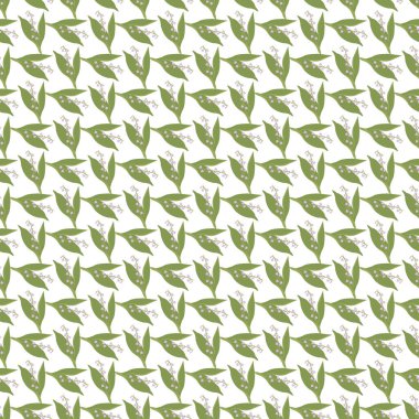 Beyaz arka planda canlı yeşil yapraklar arasında düzenlenmiş Vadili Zambak 'ı gösteren kusursuz bir desen. Bahar temaları, tasarımlar ve doğal dekoratif projeler için ideal.