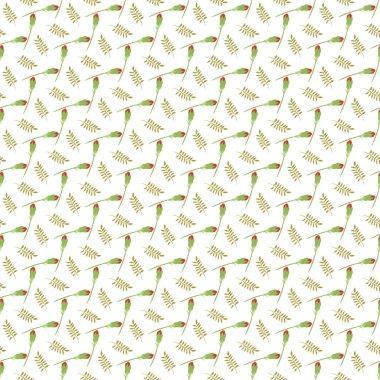 Canlı suluboya papağanlar ve tropikal yapraklar beyaz bir arkaplan üzerinde çapraz bir desen oluşturarak duvar kağıtları, tekstil veya yaratıcı projeler için canlı ve doğadan esinlenilmiş bir tasarım yaratırlar.