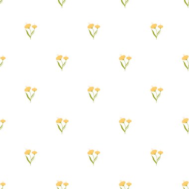Beyaz arka planda şekillendirilmiş sarı çiçekleri ve yeşil yaprakları olan zarif, pürüzsüz bir çiçek deseni, tekstil tasarımları, duvar kağıtları veya dijital projelerde kullanılmak için mükemmel..