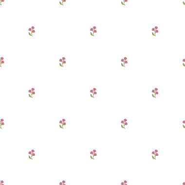 Beyaz arka planda yeşil yapraklı küçük pembe çiçeklerle büyüleyici, pürüzsüz bir desen. Kumaş tasarımları, dijital arka planlar ve zarif ve güzel bir çiçek motifi gerektiren yaratıcı projeler için ideal..