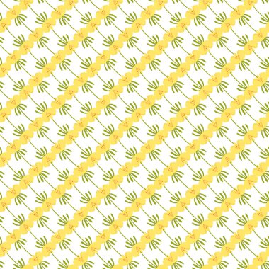 Yeşil yapraklı stilize sarı çiçeklerin beyaz bir arkaplana karşı çaprazlama dizildiği tekrarlanan kusursuz bir desen. Duvar kağıtları, ambalaj, tekstil ve yaratıcı tasarım projeleri için ideal