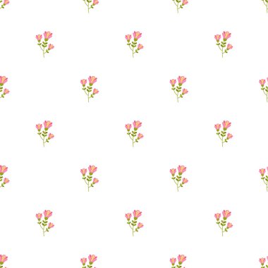 Beyaz bir zemin üzerinde organik olarak düzenlenmiş küçük pembe çiçekleri içeren zarif ve pürüzsüz bir desen. Tekstil tasarımları, duvar kağıtları ve diğer dekoratif amaçlar için ince güzellik ve basitliği vurguluyor..
