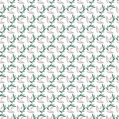 Sanatsal yeşil yaprakların turuncu dekoratif elementlerle tekrar eden bir desen, taze ve botanik temalı bir doku yaratıyor. Kumaş, ambalaj ve yaratıcı tasarım projeleri için mükemmel..