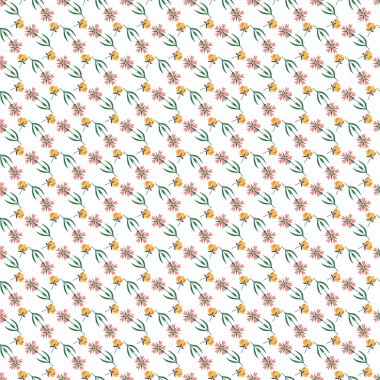 Sarı ve pembe çiçekleri içeren güzel çiçek desenleri kusursuz dizayn edilmiş yeşil yapraklı beyaz arka planda. Dekorasyon, tekstil veya duvar kağıtları için ideal.