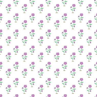 Beyaz zemin üzerinde yeşil yapraklı mor çiçeklerin bulunduğu yinelenen bir çiçek deseni dekoratif, tasarım ve yaratıcı amaçlar için rahatlatıcı ve kaprisli bir estetik sağlıyor..