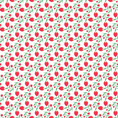 Beyaz arka planda yeşil aksanlı kırmızı laleler içeren zarif ve pürüzsüz desenler. Bahar temalı tasarımlar, duvar kağıtları, ambalaj kağıtları veya tekstil projeleri için mükemmel..