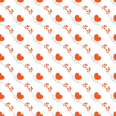 Yinelenen şablon, zarif stilize dallara bitişik kırmızı kalp şekillerini gösteriyor, temiz beyaz bir zemin üzerine dizayn edilmiş, yaratıcı tasarımlar ve arka planlar için romantik ve minimalist bir estetik yayıyor..