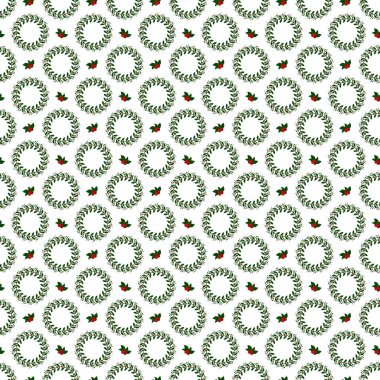 Beyaz arka planda yeşil çelenkler ve kırmızı kutsal meyvelerin yer aldığı tekrarlanan bir şenlik deseni. Mevsimlik tasarımlar, hediye paketleme ve tatil temalı projeler için mükemmel..