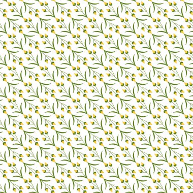 Canlı bir sarı çiçek deseni ve yeşil yapraklar, parlak beyaz arka planda gösterilmiştir. Tekstil, duvar kağıtları, sabit tasarımlar ya da dekoratif amaçlar için mükemmel..
