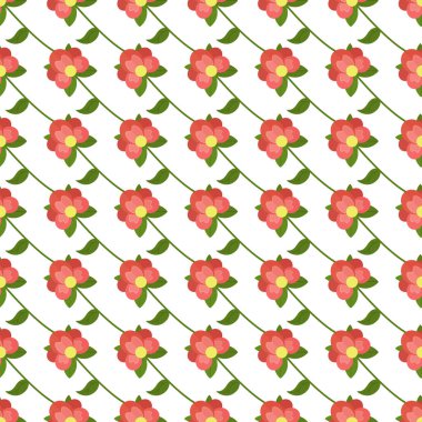 Temiz beyaz arka planda yeşil yapraklı kırmızı çiçekleri içeren canlı bir çiçek deseni. Tekstil tasarımı, duvar kağıdı, ambalaj kağıdı ve dekoratif elementler için uygundur..