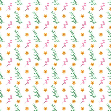 Pembe çiçekleri, turuncu çiçekleri ve temiz beyaz arka planda yeşil yaprakları gösteren kusursuz bir desen. Kumaş, duvar kağıdı veya çiçek ve doğal temalı dijital tasarımlar için mükemmel..