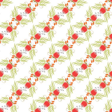 Yeşil yapraklar ve turuncu aksanlarla çevrili kırmızı çiçekleri içeren, duvar kâğıtları, tekstil ve mevsimlik dekoratif amaçlar için idealdir.