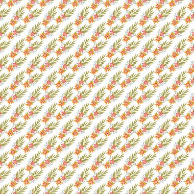 Tekrarlayan köşegen deseni, turuncu çiçekler, yeşil yapraklar, ve beyaz arka planda ince dekoratif girdaplar, doğal elementleri enfes bir şekilde harmanlıyor.