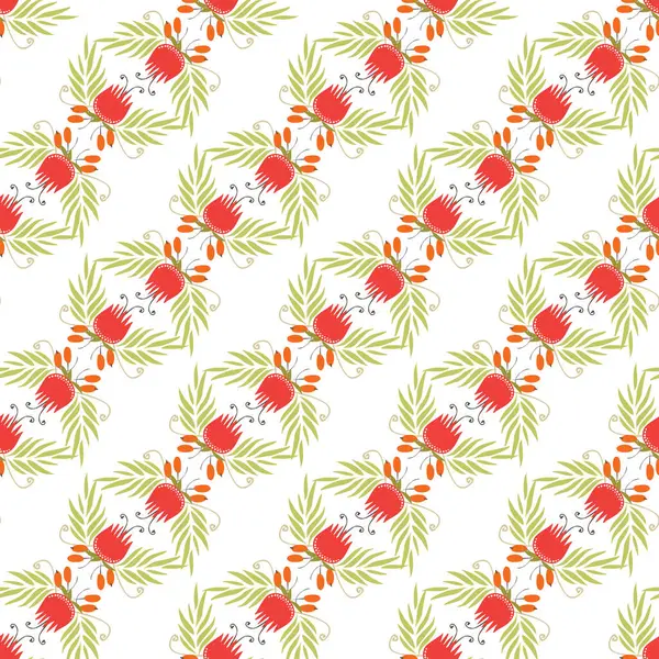 Yeşil yapraklar ve turuncu aksanlarla çevrili kırmızı çiçekleri içeren, duvar kâğıtları, tekstil ve mevsimlik dekoratif amaçlar için idealdir.