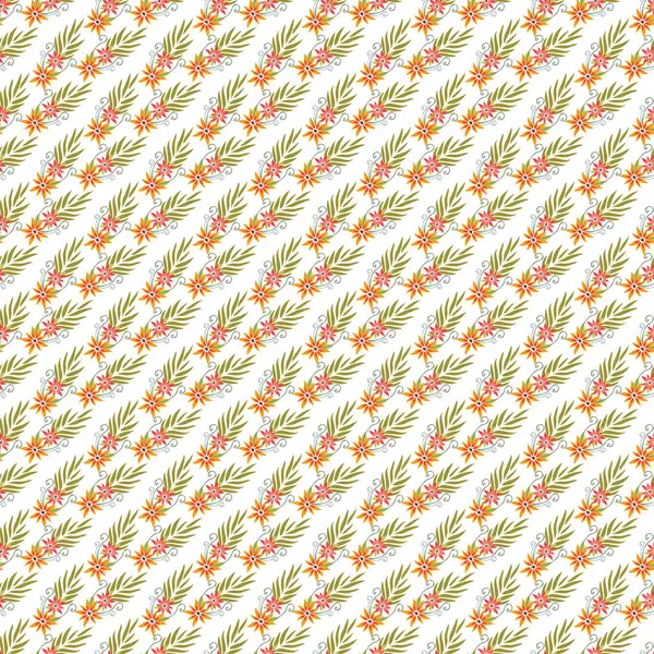 Tekrarlayan köşegen deseni, turuncu çiçekler, yeşil yapraklar, ve beyaz arka planda ince dekoratif girdaplar, doğal elementleri enfes bir şekilde harmanlıyor.