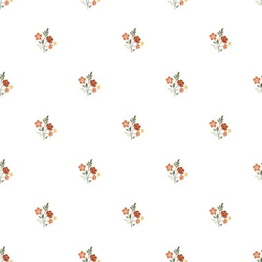 Kusursuz desenli turuncu ve yeşil renklerle karışık çiçek aranjmanlarını temiz beyaz arka planda. Tekstil tasarımı, duvar kağıdı veya yaratıcı dijital ve yazılı projeler için mükemmel.