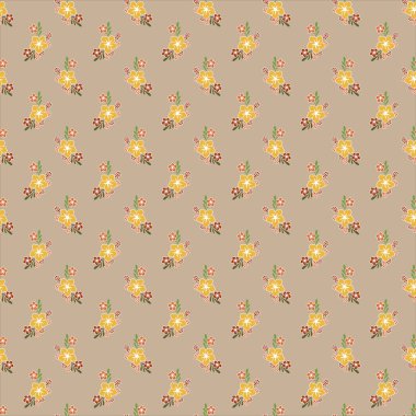 Yeşil yapraklı ve kırmızı aksanlı sarı çiçekleri bej arka planda sıralayan desen tasarımı..