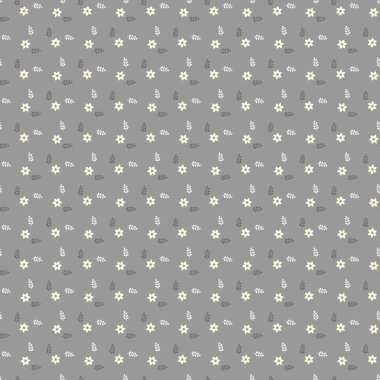 Bu tasarım, zarif beyaz çiçekleri ve tek renkli gri arka planda küçük yaprakları olan kusursuz tekrarlayan bir çiçek deseni içerir.,
