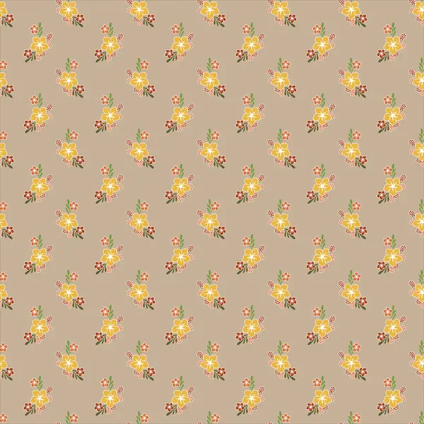 Yeşil yapraklı ve kırmızı aksanlı sarı çiçekleri bej arka planda sıralayan desen tasarımı..