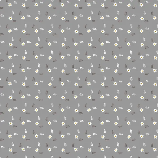 Bu tasarım, zarif beyaz çiçekleri ve tek renkli gri arka planda küçük yaprakları olan kusursuz tekrarlayan bir çiçek deseni içerir.,