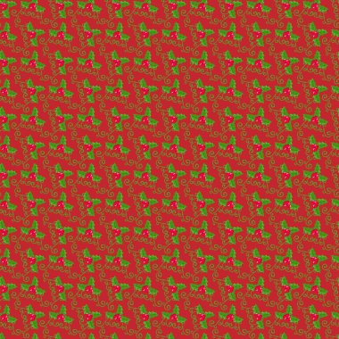 Kırmızı zemin üzerinde kutsal yapraklar ve meyveler bulunan şenlikli, pürüzsüz bir desen. Mevsimlik tasarımlar, Noel temaları ve tatil dekorasyonları için mükemmel.