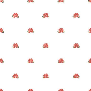 Temiz beyaz bir arkaplanda düzenlenmiş kırmızı çiçek unsurlarını içeren hassas, pürüzsüz bir desen. Zarif ve dekoratif bir dokunuş için tekstil, duvar kağıtları ve hediye paketi tasarımları için ideal.