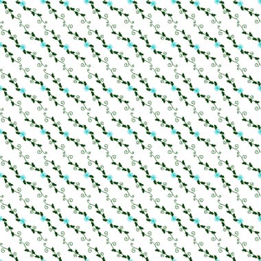 Beyaz bir arkaplan üzerinde köşegen üzerine dizilmiş mavi çiçeklerin ve yeşil sarmaşıkların kusursuz bir tasarımı, tekstil, duvar kağıtları veya web arkaplanı için uygun dekoratif ve simetrik bir çiçek deseni oluşturur..