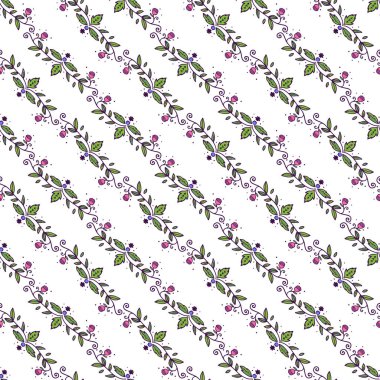Beyaz zemin üzerinde yeşil yapraklar ve pembe çiçekler içeren kusursuz desenler üst üste dizilmiş çapraz düzende..
