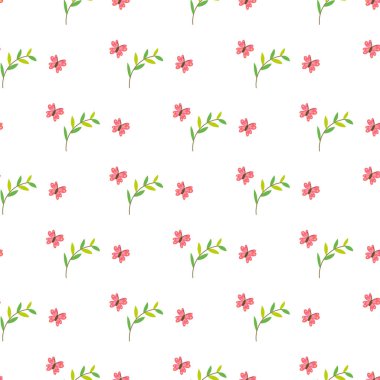 Zarif pembe çiçekler ve temiz beyaz arka planda taze yeşil yapraklar içeren büyüleyici, pürüzsüz bir desen. Tekstil, duvar kâğıtları ve dekoratif projeler için ideal.
