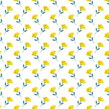Yeşil yapraklı sarı çiçeklerin beyaz arka planda sıralandığı dekoratif, pürüzsüz bir desen. Botanik ve zarif bir tema gerektiren tekstil, duvar kağıtları veya yaratıcı tasarımlar için idealdir..