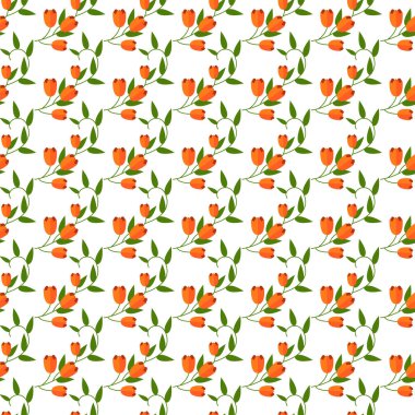 Yeşil yapraklarla sarmalanmış turuncu çiçekler beyaz bir arkaplanda kusursuz bir desen oluşturur. Tasarım, tekstil ve yaratıcı projeler için mükemmel. Neşeli ve zarif bir çiçek teması gerekiyor..