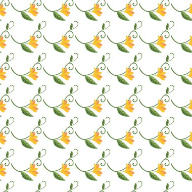Sarı çiçek motifleri ve yeşil yapraklarla tekrar eden desen, beyaz bir arkaplanda zarif bir şekilde düzenlenmiş. Tekstil, duvar kâğıtları veya dijital tasarım projeleri için kullanışlı, neşeli, doğal bir estetik.